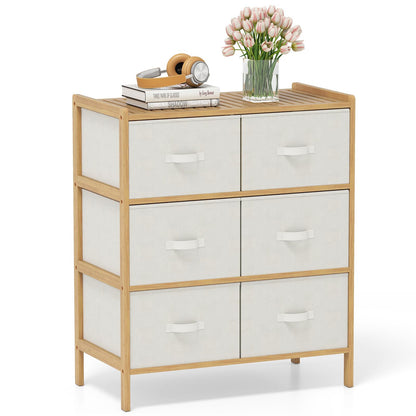 Goflame White Dresser for Bedroom Bamboo 6 Fabric Drawers Storage Tower with Top Shelf