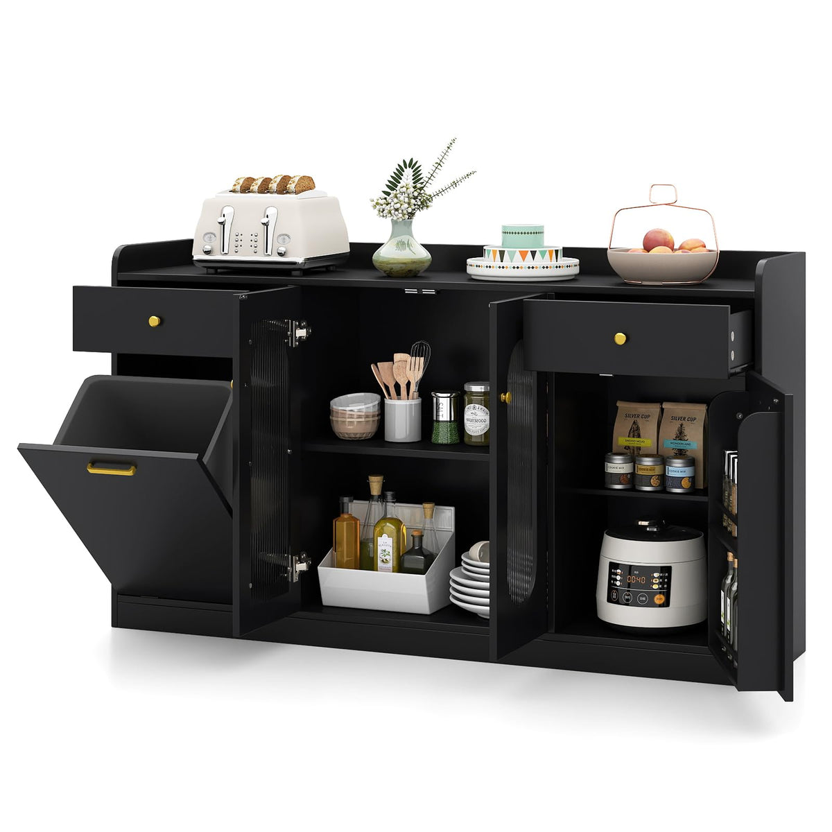 Goflame 55" Farmhouse Buffet Cabinet w/Hidden Tilt Out Trash Can
