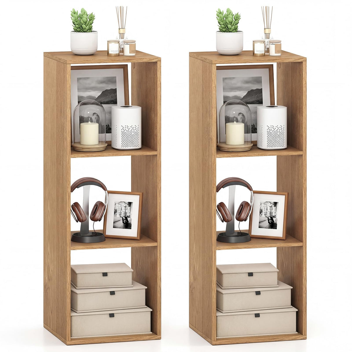 Goflame 3-Cube Bookcase, White Cubby Bookshelf w/Back Guardrail & Anti-Tipping Kits