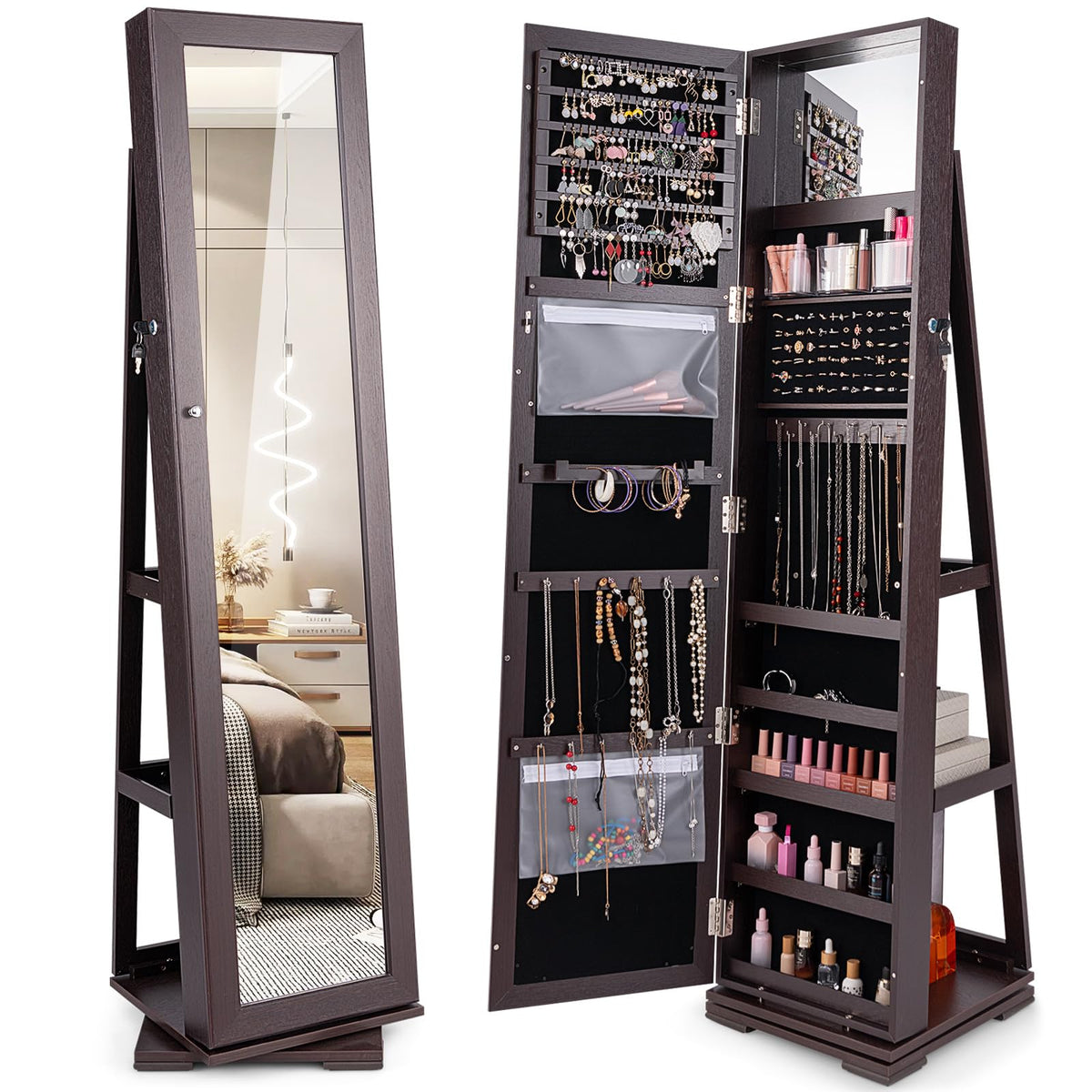 GOFLAME 360° Rotating Jewelry Armoire with Rear Storage Shelves
