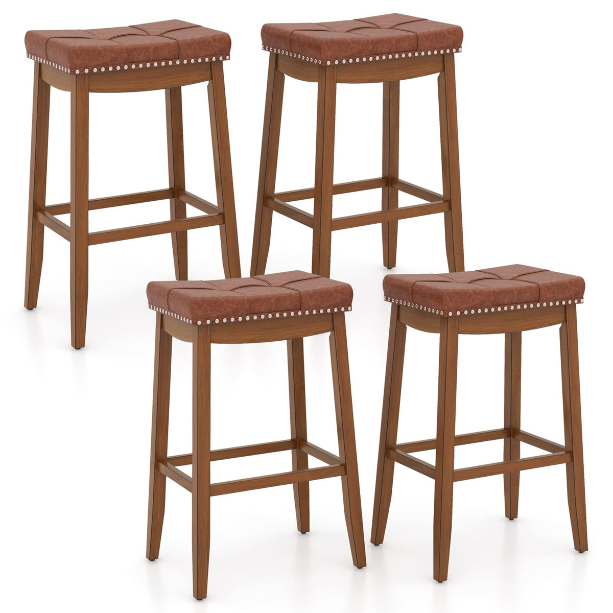 Goflame Bar Stools Set, 29" Counter Height Bar Stools w/Saddle Seat, Footrest, Rivet, Button Tufted, Rubber Wood Frame