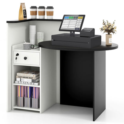 Goflame Reception Desk, Front Counter Desk with Lockable Drawer, Checkout Table with Round Tabletop
