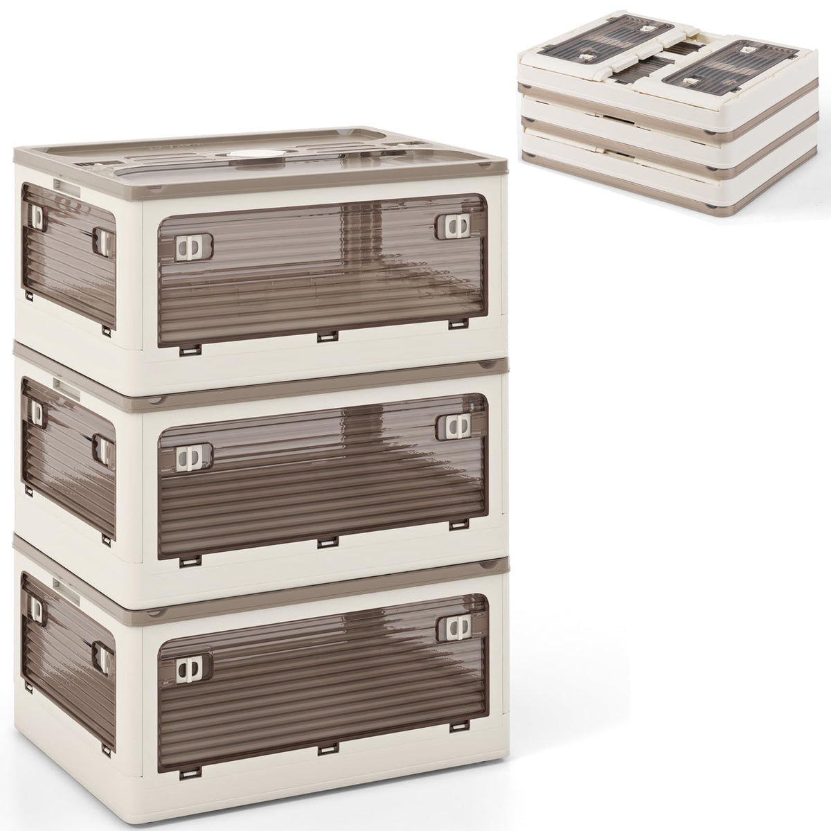 Goflame Storage Bins with Lids and Hidden Wheels, 3/6 Pack Stackable Collapsible Storage Boxes with 5 Opening Doors