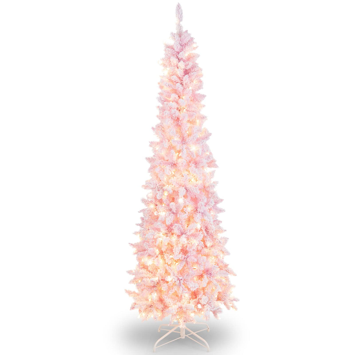 Goflame 7ft Pre-Lit Pencil Christmas Tree, Snow Flocked Artificial Slim Tree with 800 Branch Tips - GoflameUS