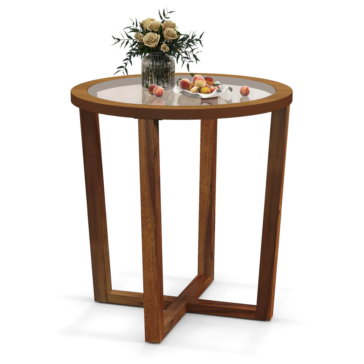 Goflame Glass Round End Table, Sofa Side Table with Transparent Tempered Glass Top