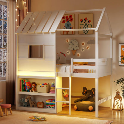 Goflame Twin Size Loft Bed with LED Lights Roof Window and Storage Bookshelf