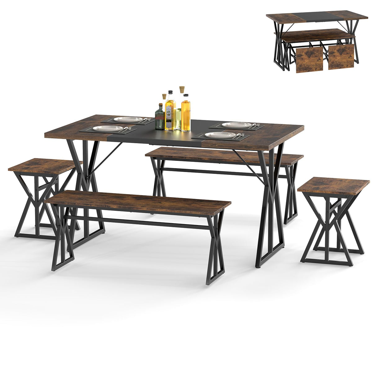 Goflame 55" Kitchen Table with 2 Benches & 2 Stools with X-Shaped Metal Frame