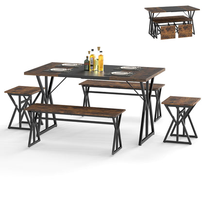 Goflame 55" Kitchen Table with 2 Benches & 2 Stools with X-Shaped Metal Frame