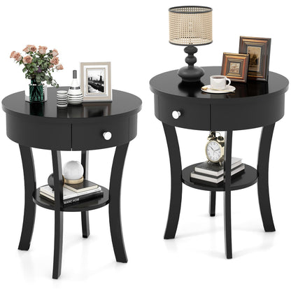Goflame Round End Table with Drawer, 2-Tier Wood Side Table w/Open Shelf