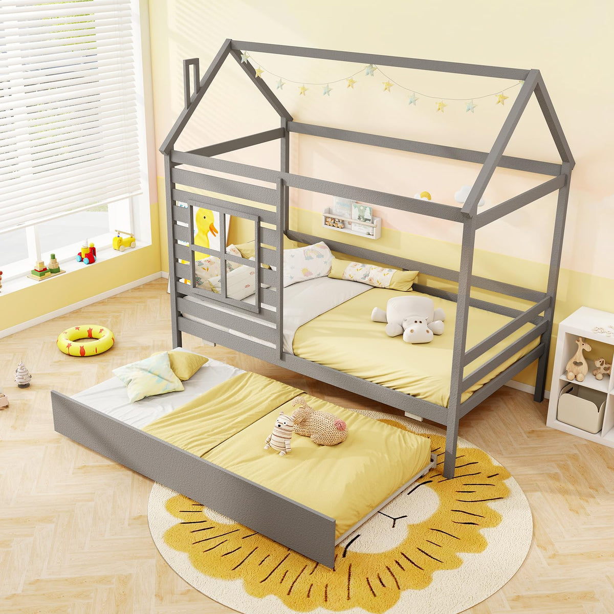 Goflame Twin House Bed with Trundle Bed Twin, Wooden Twin Bed Frames with Roof, Chimney & Window