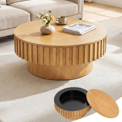 Goflame Round Coffee Table with Storage | Modern Drum Fluted Center Table with Solid Wood Veneered