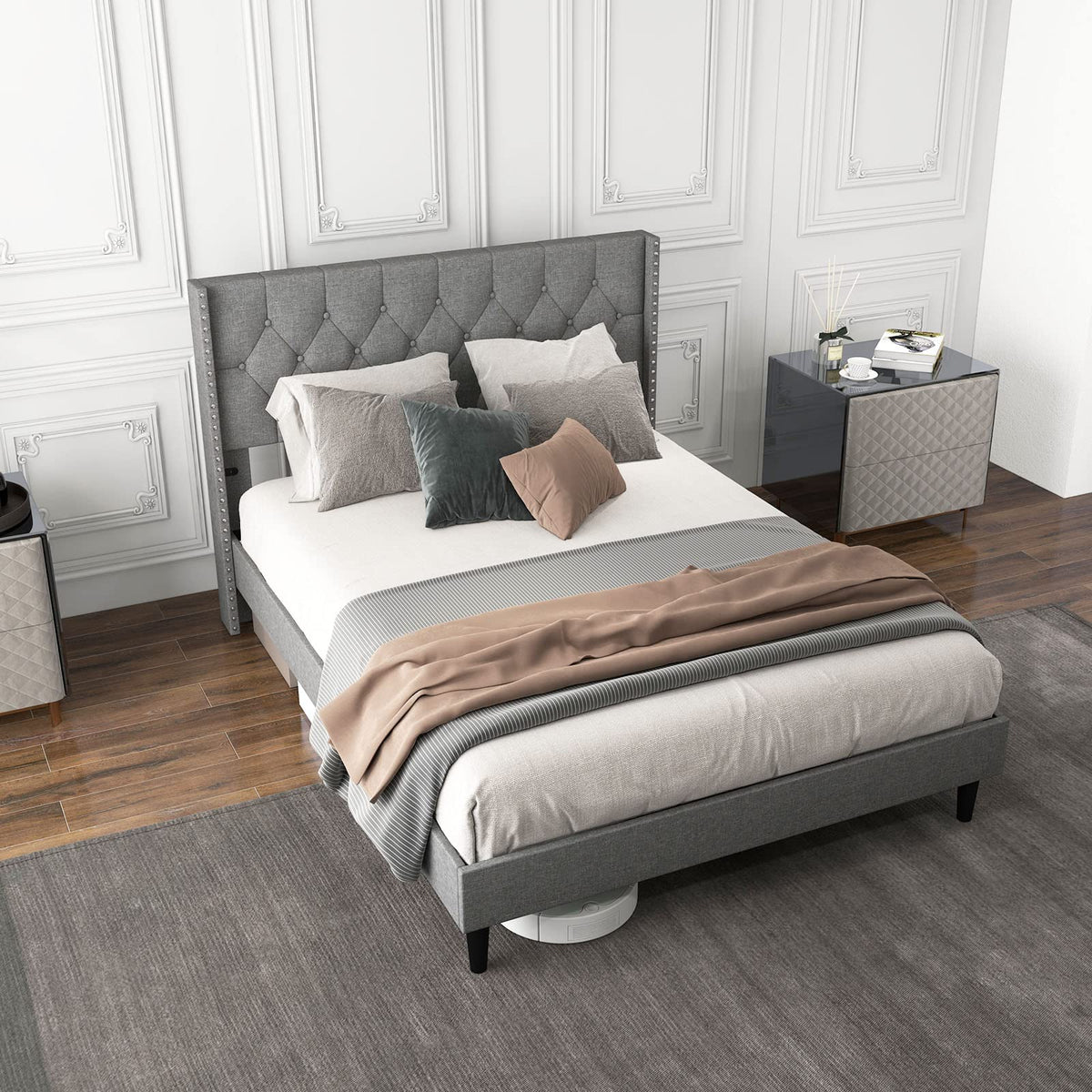 Goflame Full Size Linen Fabric Upholstered Platform Bed Frame