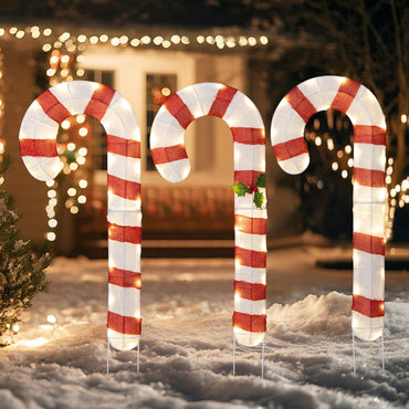 Goflame Lighted Candy Canes, Set of 3 Christmas Tinsel Candy Cane Decoration with 75 Warm White LED Lights