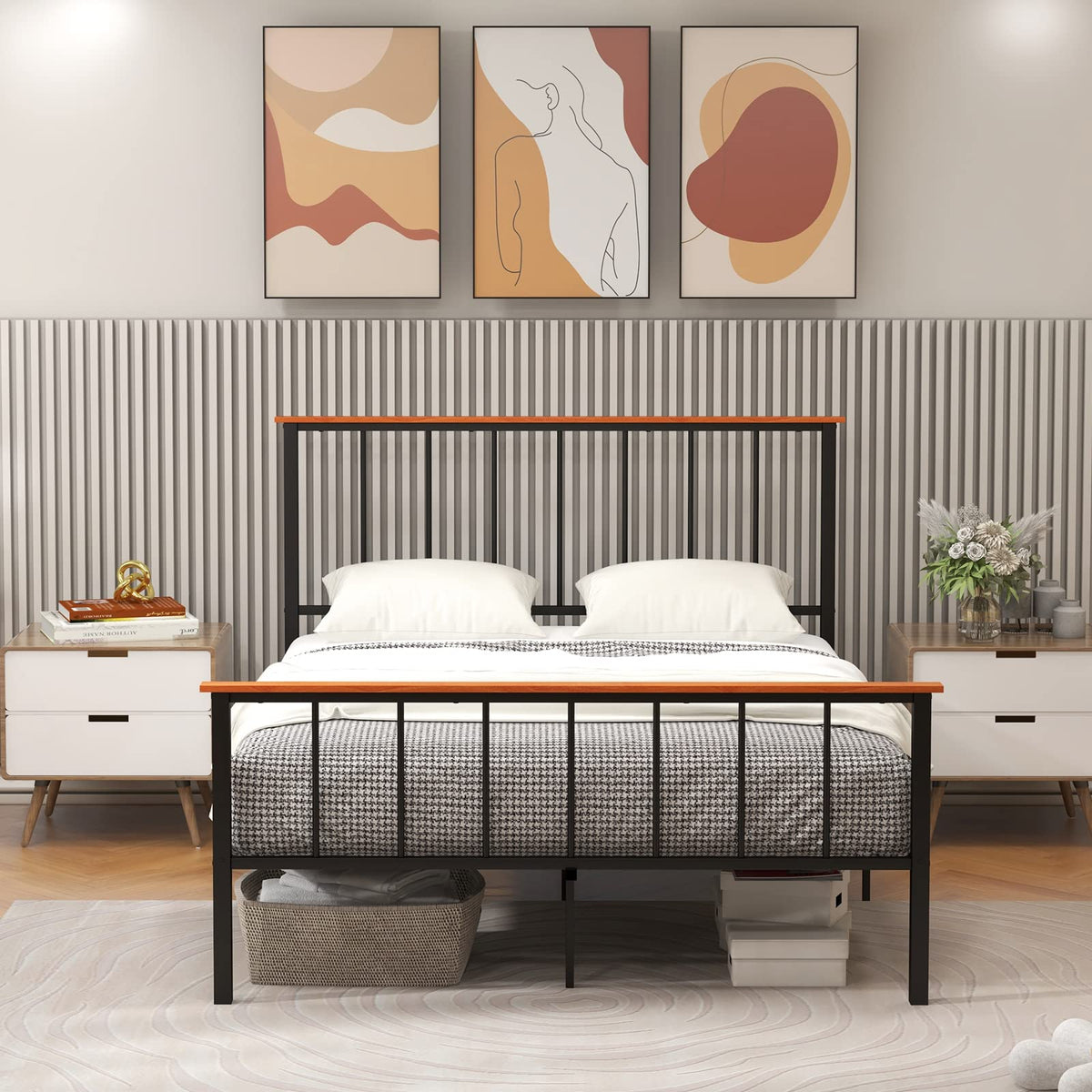 Goflame Queen/Full Size Metal Platform Bed Frame with Spindle Headboard & Footboard, Black