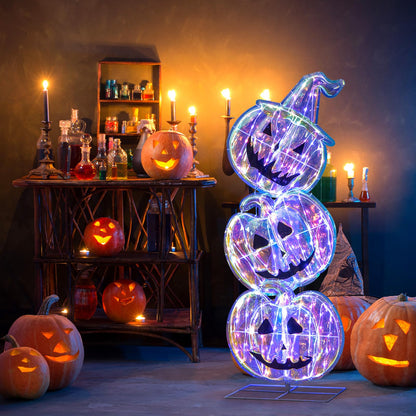 Goflame 3.4 Ft Halloween Decorations, Light up Stacked Pumpkins with 150 LED Lights