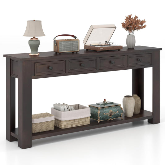 Goflame 63" Farmhouse Entryway Table, Narrow Console Table w/ 4 Storage Drawers & Open Shelf