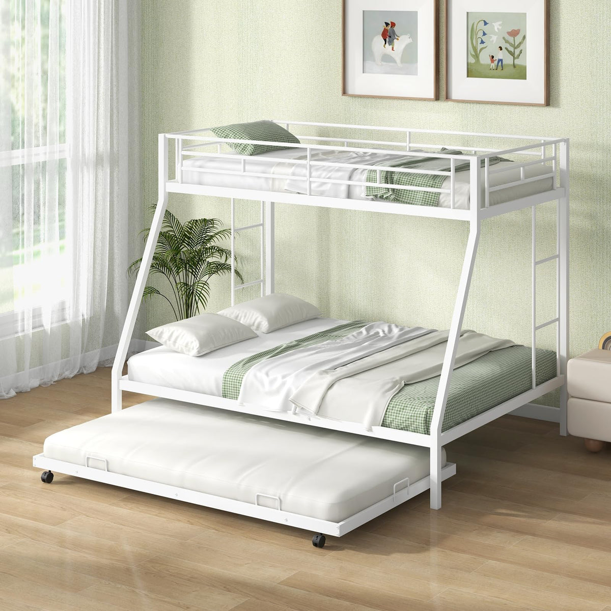 Goflame Twin Over Full Bunk Bed with Trundle, Heavy-Duty Metal Triple Bunk Beds