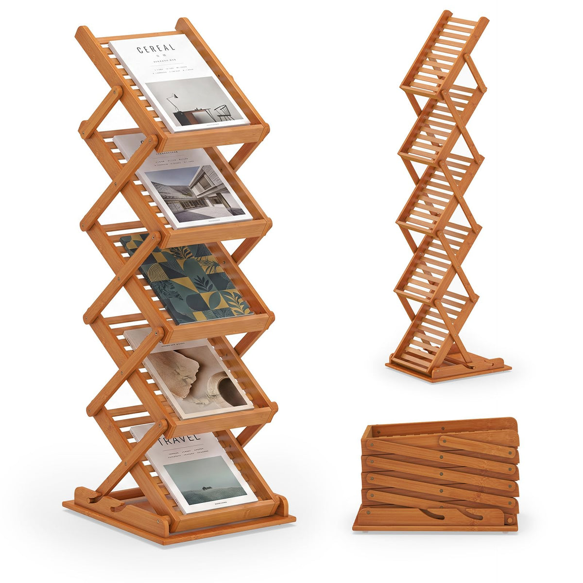 Goflame Foldable Bamboo Magazine Rack with 2 Adjustable Positions