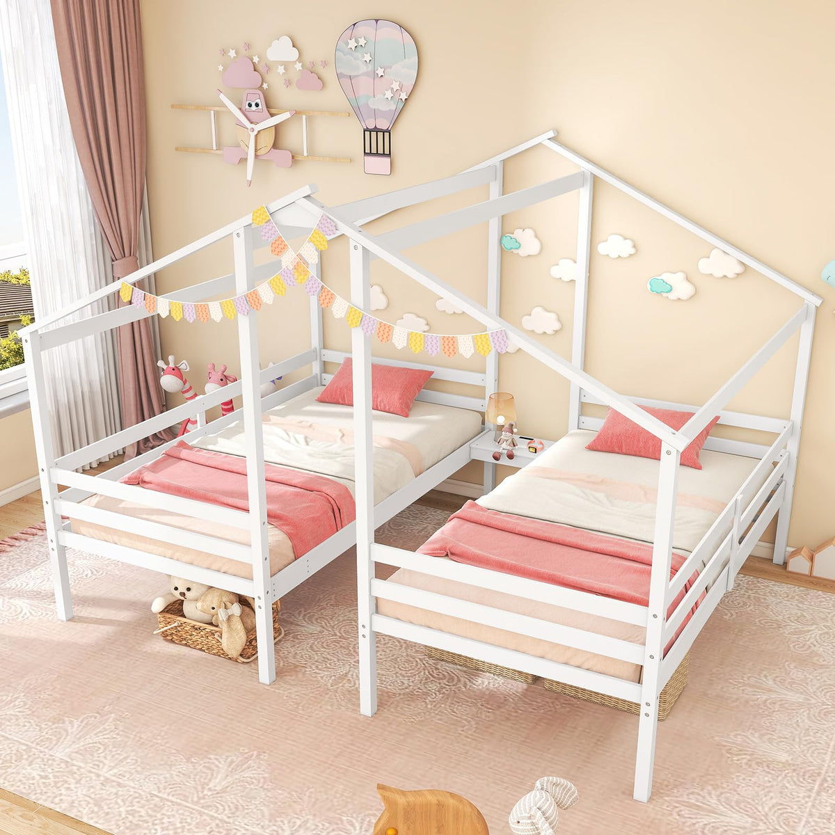 Goflame Double Twin Bed Frames for Kids, Wood House Shaped Platform with Built-in Nightstand & USB Port