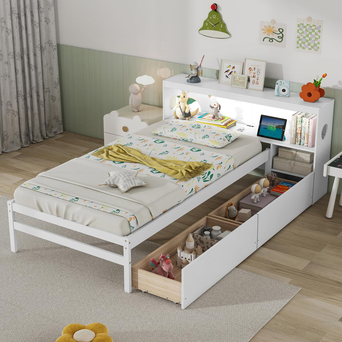 Goflame Wood Twin Bed Frame with Storage Drawer & Headboard, Modern Platform Bed with Charging Station & LED Light