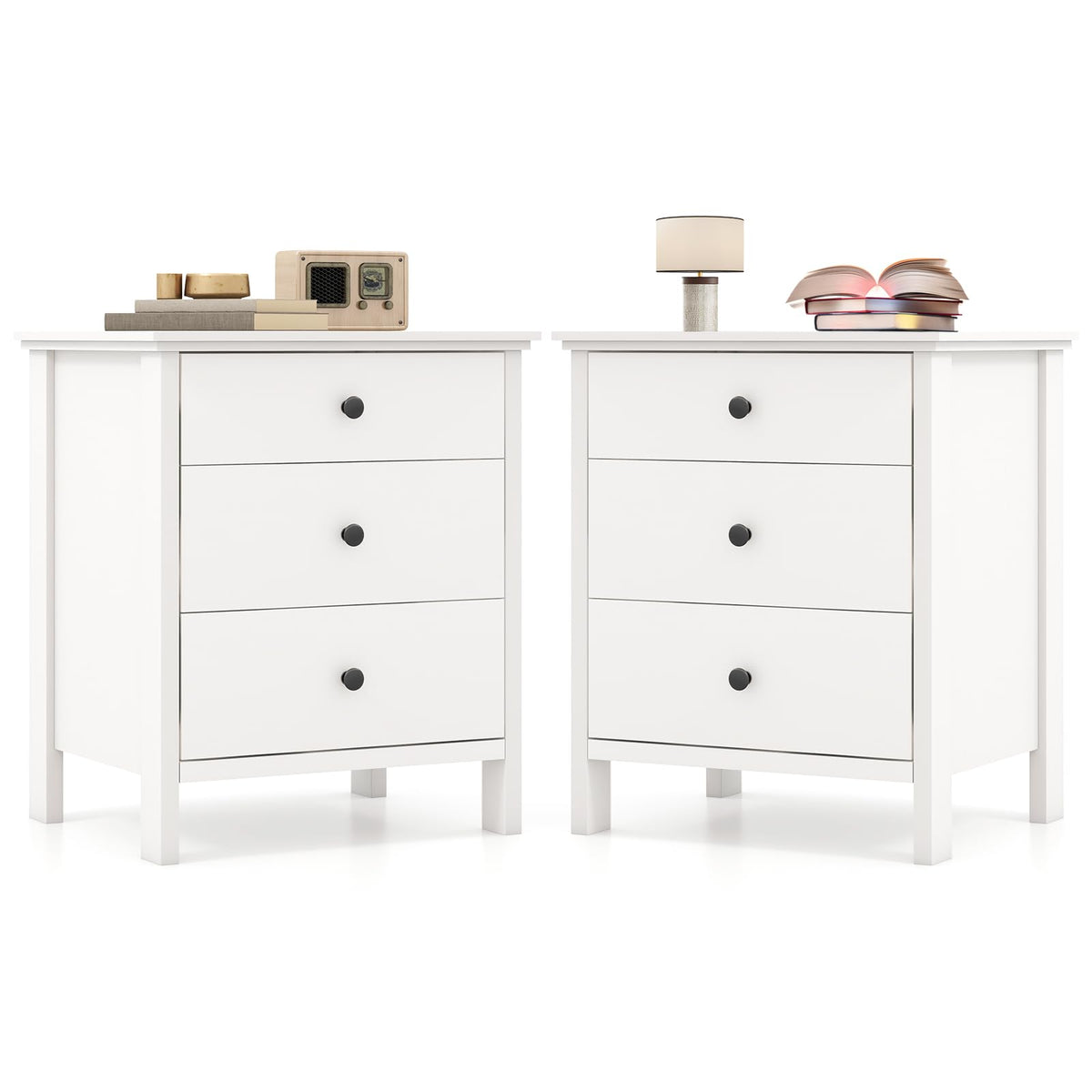 Goflame Two white nightstands with three drawers each on a white background.