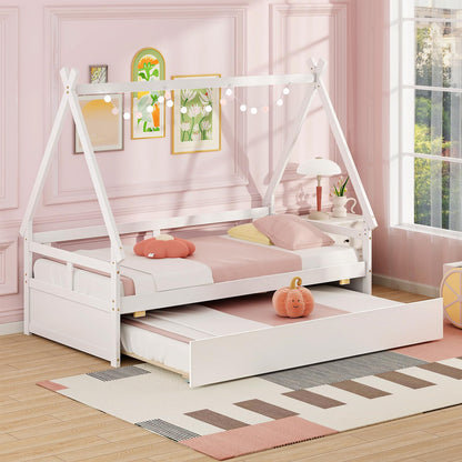 Goflame Twin House Bed with Trundle, Wood Montessori Tent Bed Frame with Safety Guardrail