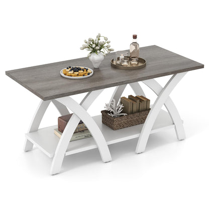 Goflame Farmhouse Coffee Table 2-Tier Wood Center Table with Storage Shelf & X-Shaped Support Legs