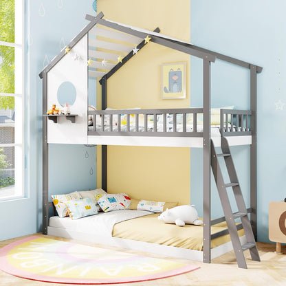 Goflame Solid Wood Floor Bunk Bed with Ladder and Full-Length Guardrails