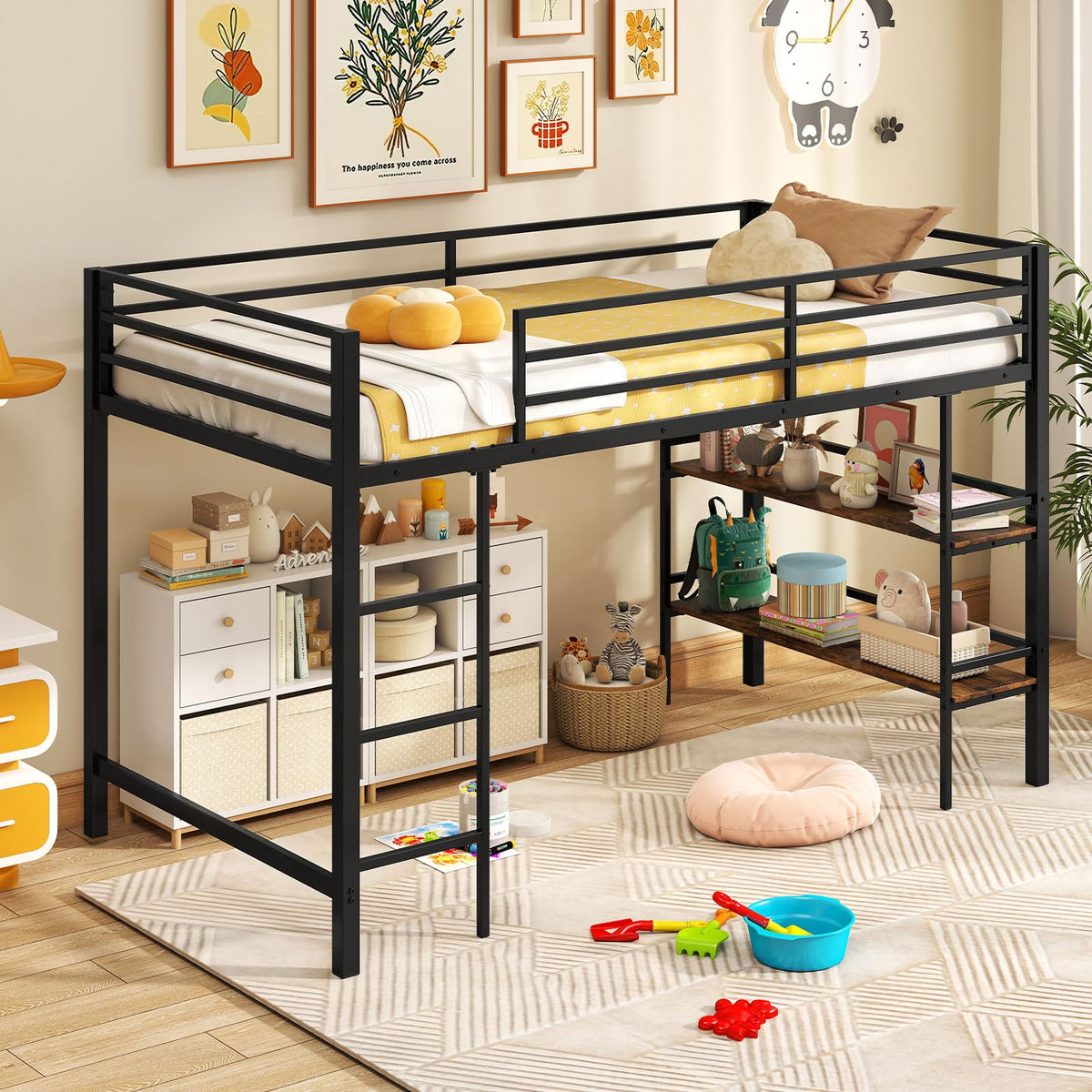 Goflame Low Loft Bed Twin Size Heavy Duty Metal Frame w/Storage Shelves