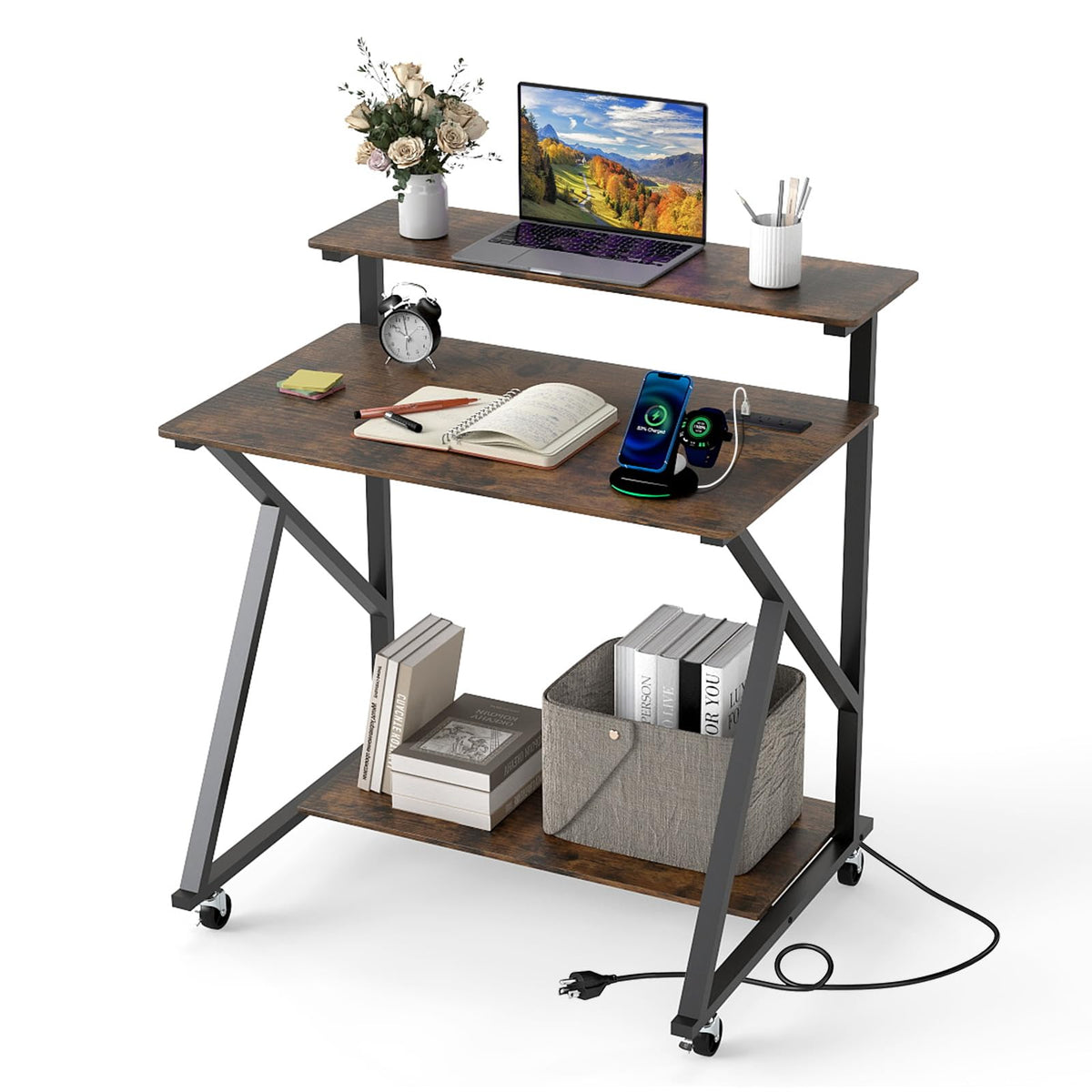 Goflame Rolling Small Desk with Storage | Compact Computer Desk for Small Spaces with Charging Station