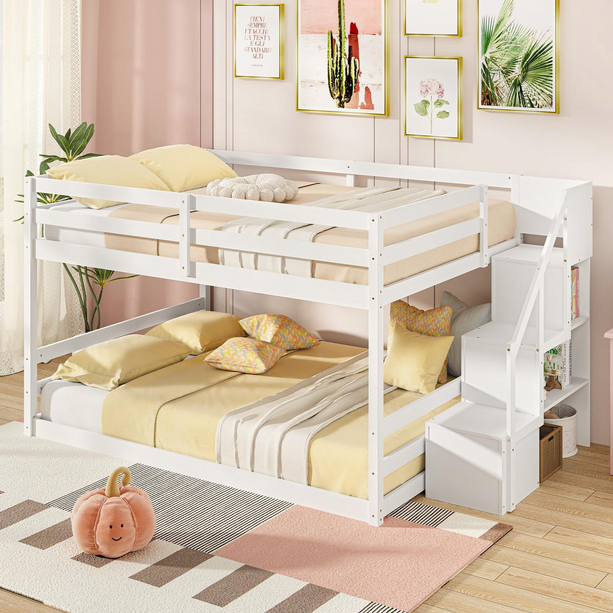 Goflame Bunk Bed with Stairs, Solid Wood Floor Bunk Bed with Storage Staircase & Full-Length Guardrails