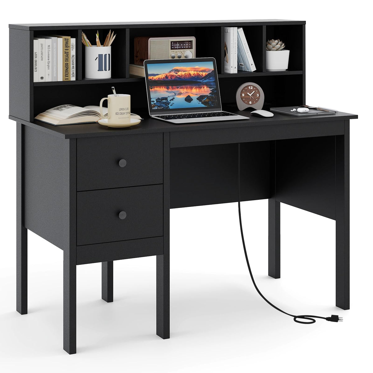 Goflame White Desk with Drawers and Power Outlet, 48" Home Office Computer Desk with 5-Cubby Hutch