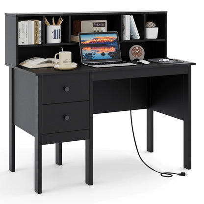 Goflame White Desk with Drawers and Power Outlet, 48" Home Office Computer Desk with 5-Cubby Hutch