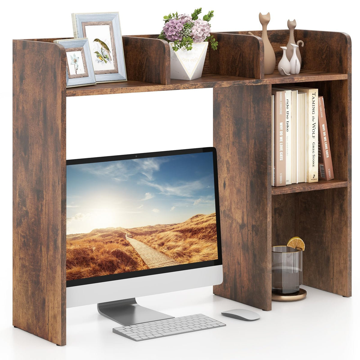 Goflame Desktop Bookshelf, Wood Desk Hutch Organizer for 27 Inch Computer Monitor