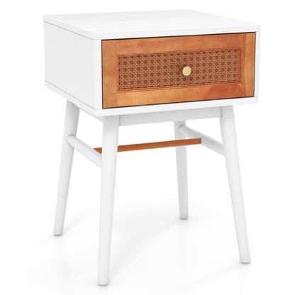 Goflame Rattan Nightstand, Boho End Side Table with Rattan Decorated Storage Drawer & Solid Wood Legs