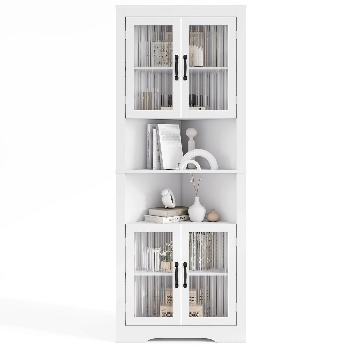 Goflame 67" Tall Corner Cabinet Space-Saving Triangular Storage Cabinet w/ 4 Tempered Glass Doors