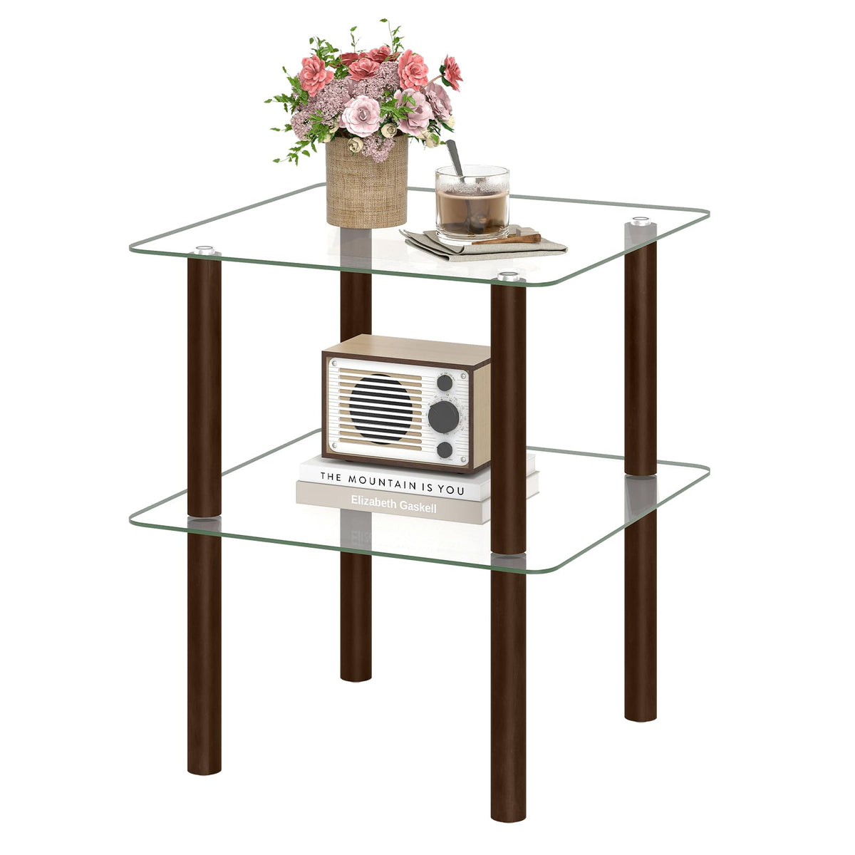 Goflame Round/Square 2-Tier Sofa Side Table with Clear Tempered Glass Top & Shelf (1/2)