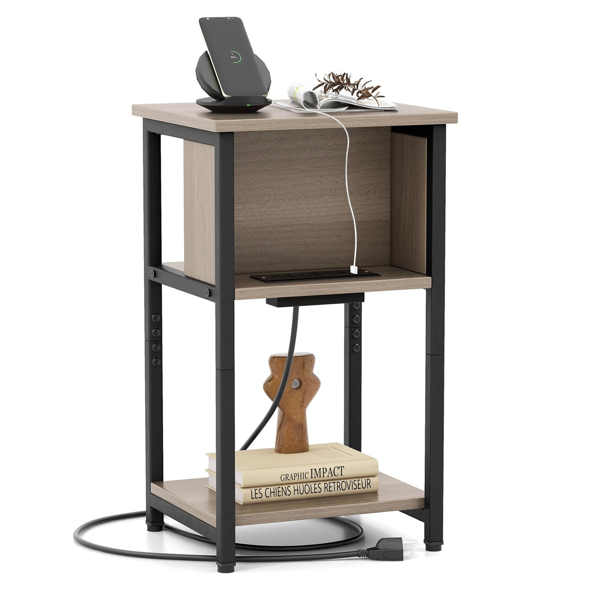Goflame Nightstand with Charging Station, 3-Tier End Table with USB Ports & Power Outlets