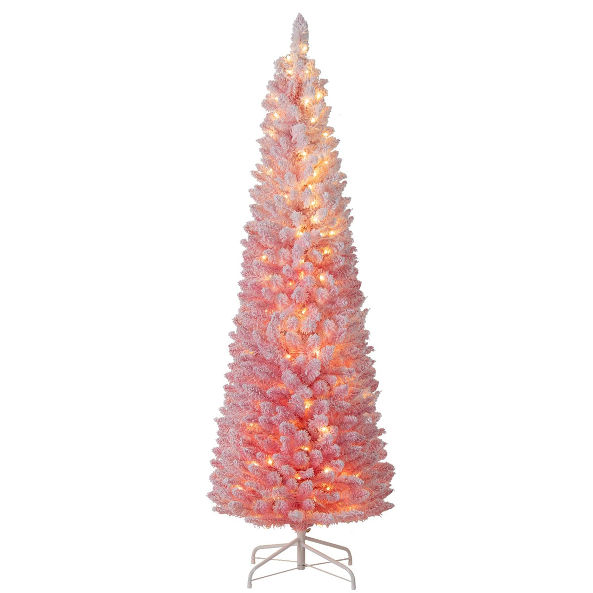 Goflame 6ft / 7ft Pink Slim Pencil Christmas Tree | Pre-lit Snow Flocked Artificial Skinny Xmas Tree