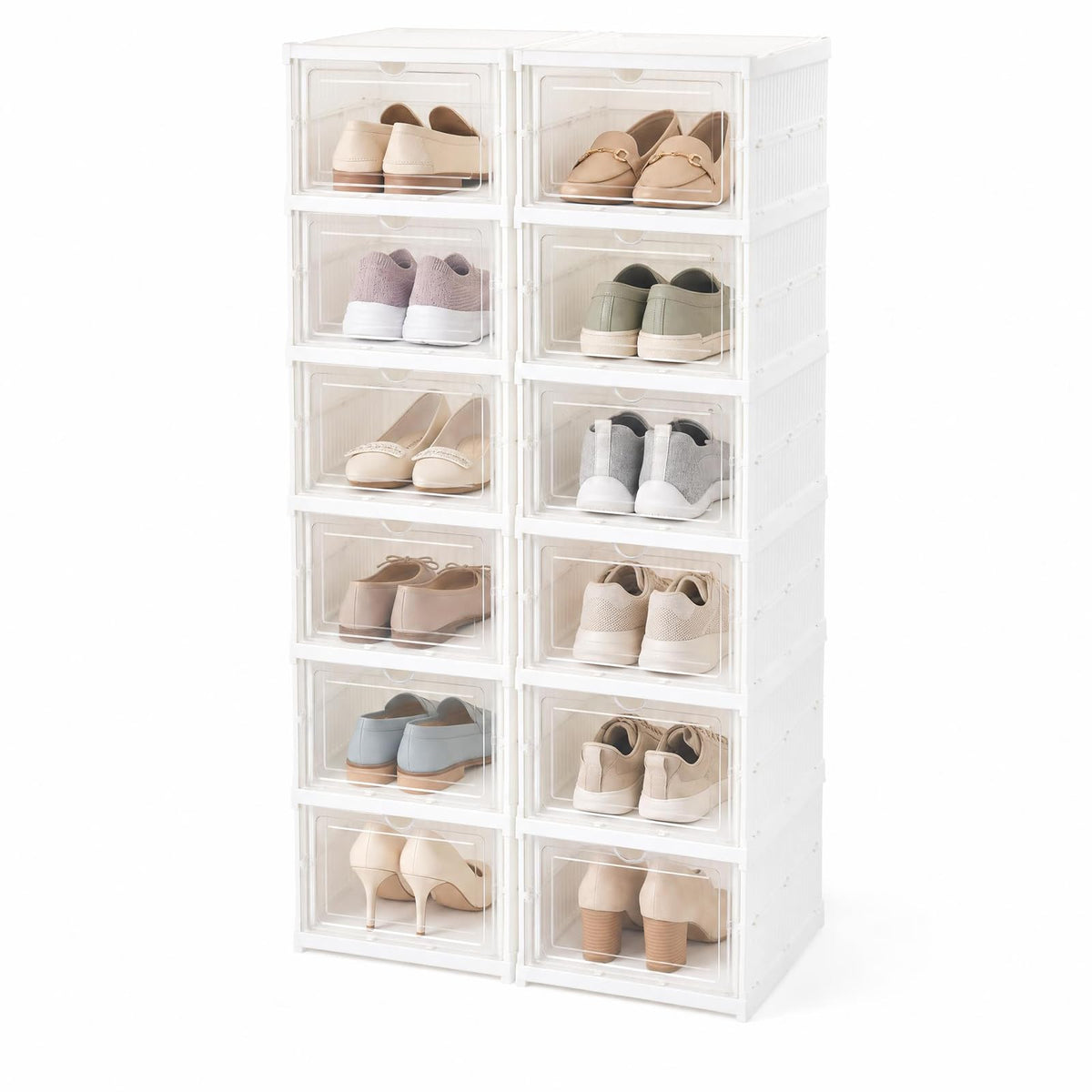 GOFLAME 6-Tier Foldable Shoe Storage Box| Stackable Space-Saving Shoe Rack Organizer Set of 2