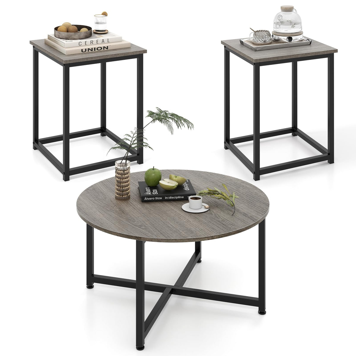 Goflame Round Nesting Table Set of 3, Farmhouse Coffee Table w/2 End Tables, Sturdy Metal Frame (Black Oak)