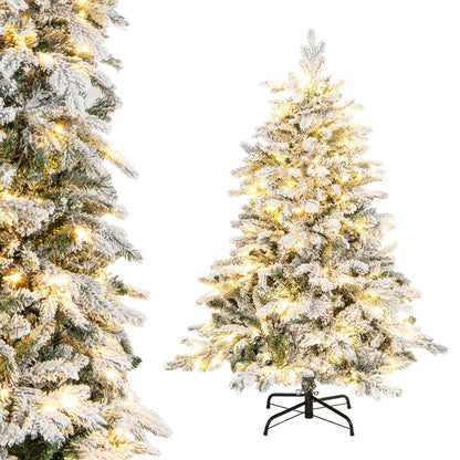 Goflame Pre-Lit Snow Flocked Christmas Tree, Artificial Hinged Xmas Tree with Branch Tips, PE & PVC Mixed Leaves