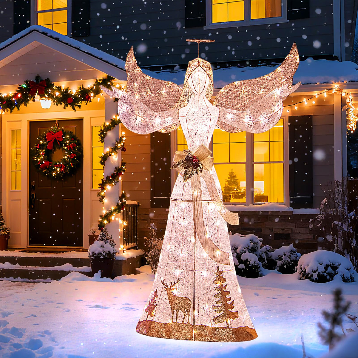 Goflame Pre-lit 3D Glittered Angel with 100 Warm White Lights Halo Bow Ground Stakes
