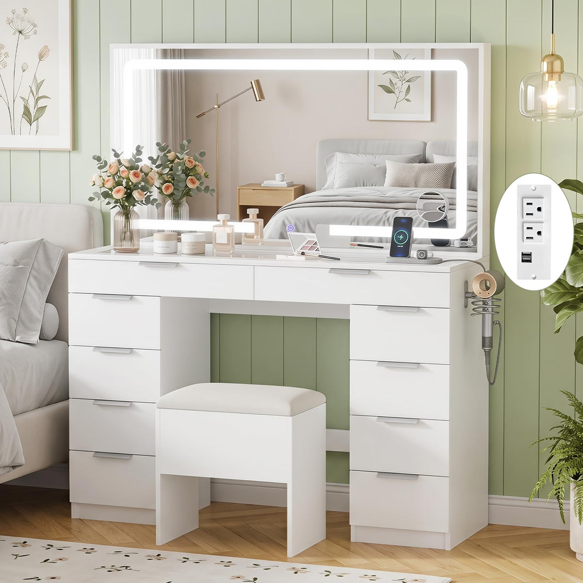 White Vanity Desk with Mirror, Lights, Charging Station, Glass Top