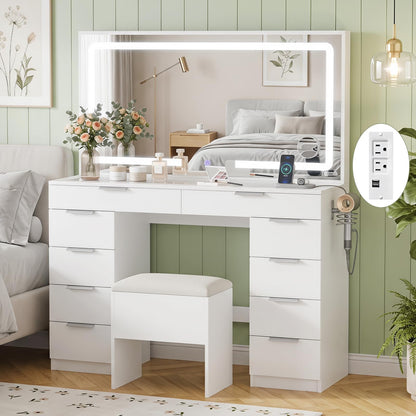 White Vanity Desk with Mirror, Lights, Charging Station, Glass Top