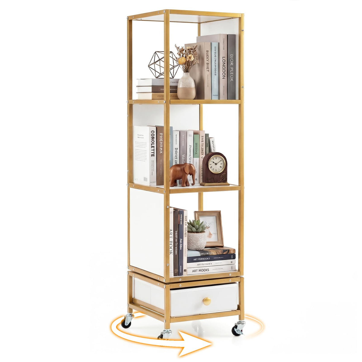 Goflame 4-Tier Rotating Bookshelf | 360° Spinning Corner Book Shelf Tower W/Removable Fabric Storage Drawer