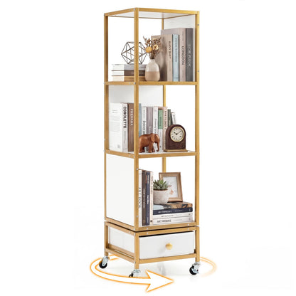 Goflame 4-Tier Rotating Bookshelf | 360° Spinning Corner Book Shelf Tower W/Removable Fabric Storage Drawer