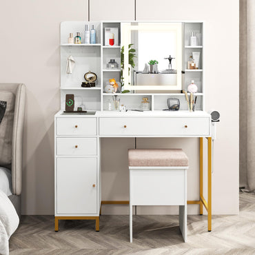 Makeup Vanity Set with Mirror and Lights, White Makeup Desk and Chair Set with Charging Station