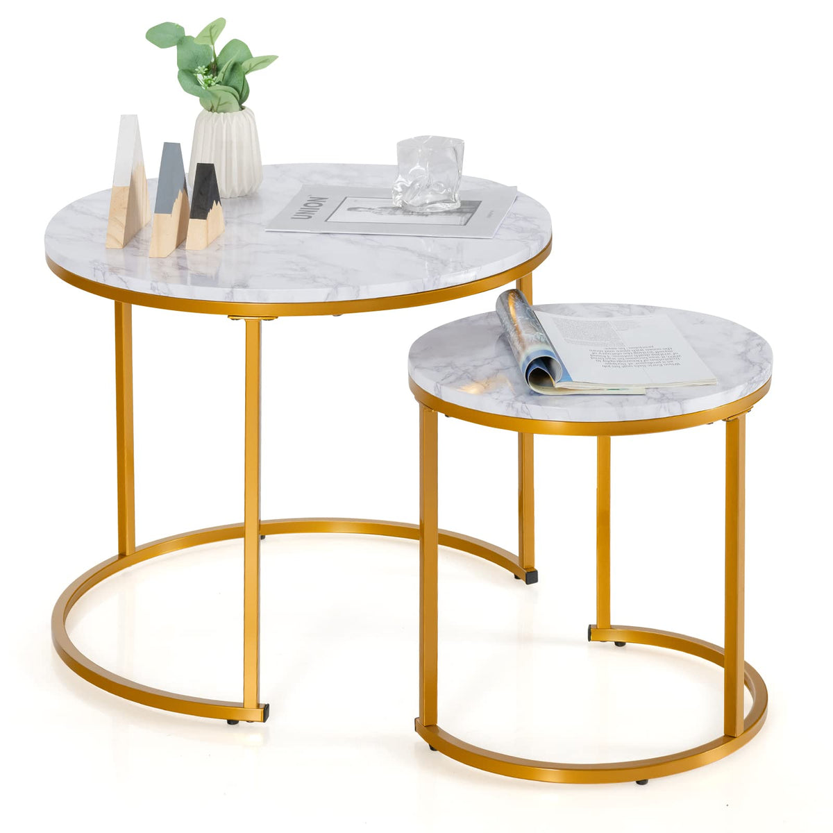 Goflame Nesting Coffee Table Set of 2, Round Stacking Side Tables with Wooden Tabletop & Powder Coated Steel Frame