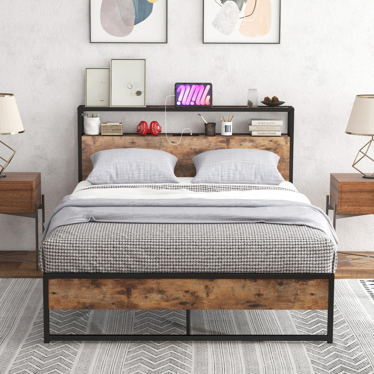 Goflame Full Bed Frame with Storage Headboard and Charging Station, with Outlets and USB Ports